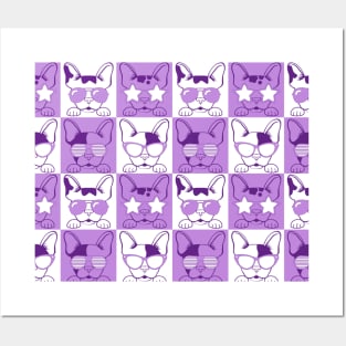 Frenchies with Glasses Pattern Purple Posters and Art